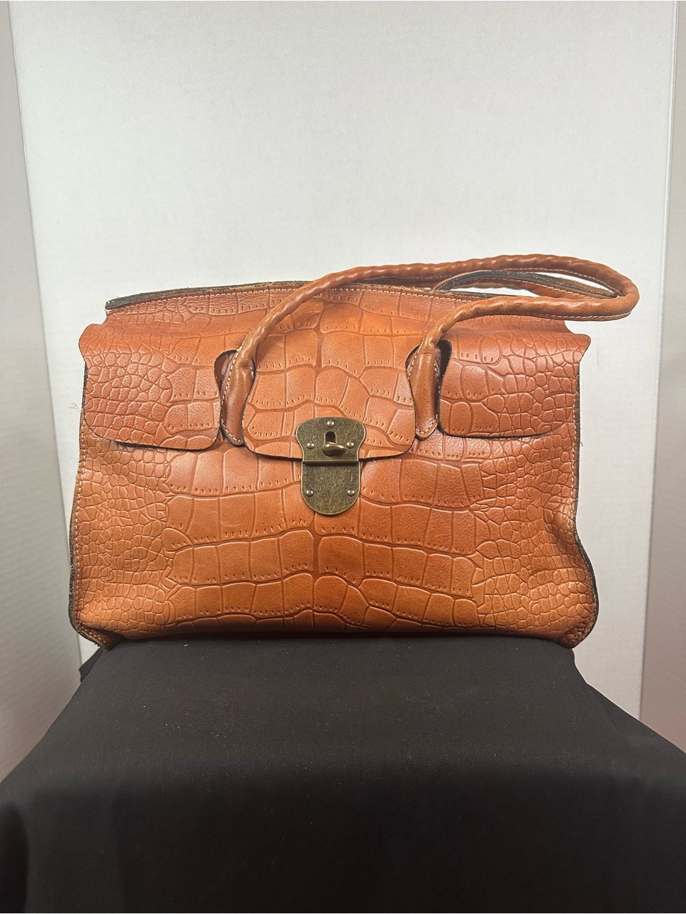 Pratesi Firenze Cognac Croc Embossed Leather Top Handle Satchel Handbag